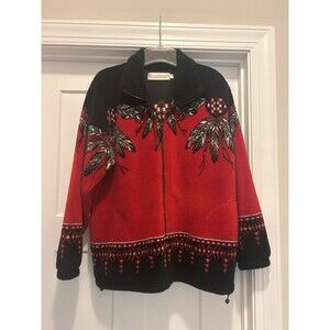 VTG Coastlines Canada Women’s M Red Fleece Jacket Native American Western Cabin